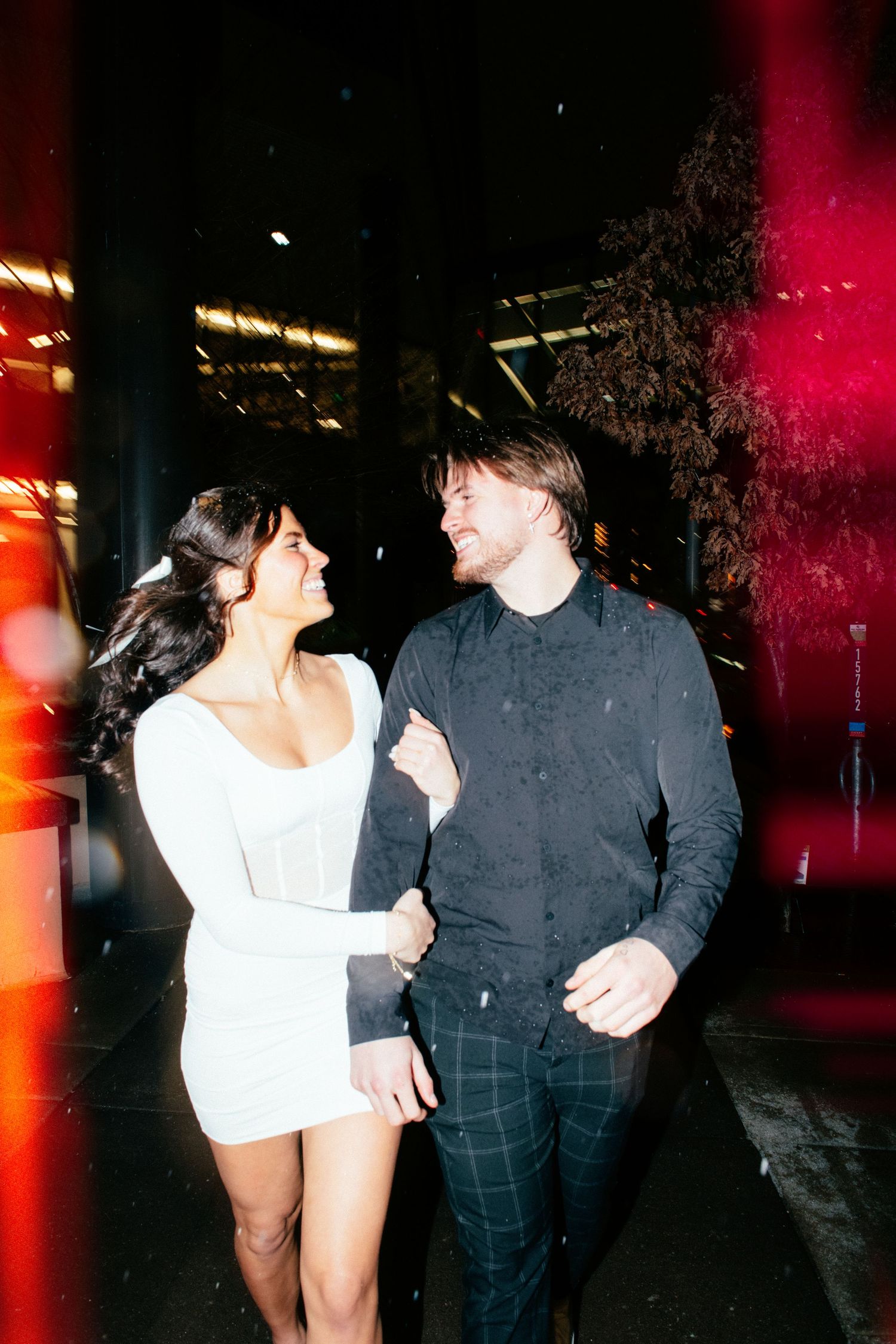 film engagement photo with light leak