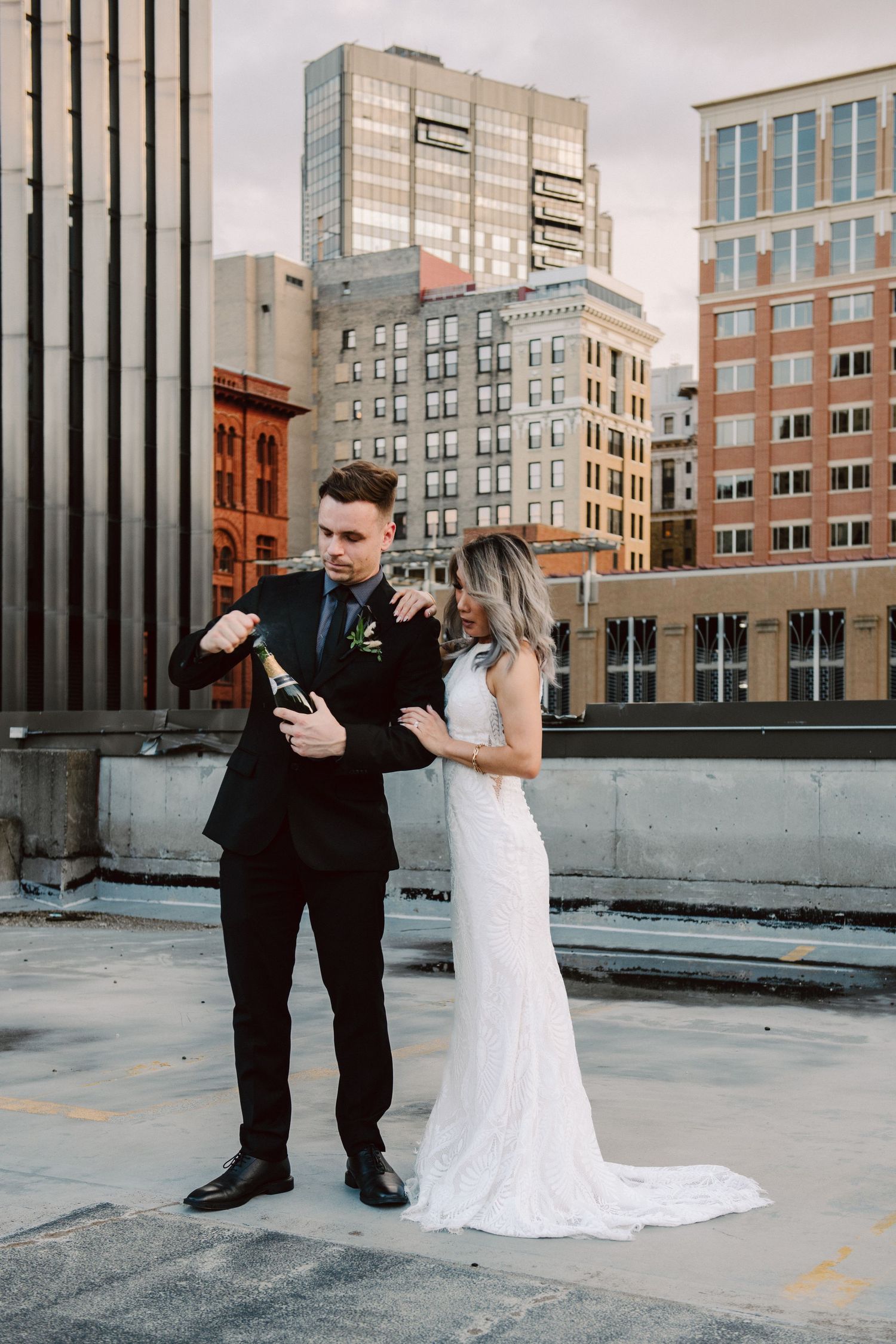 bride and groom portrait on st. paul rooftop