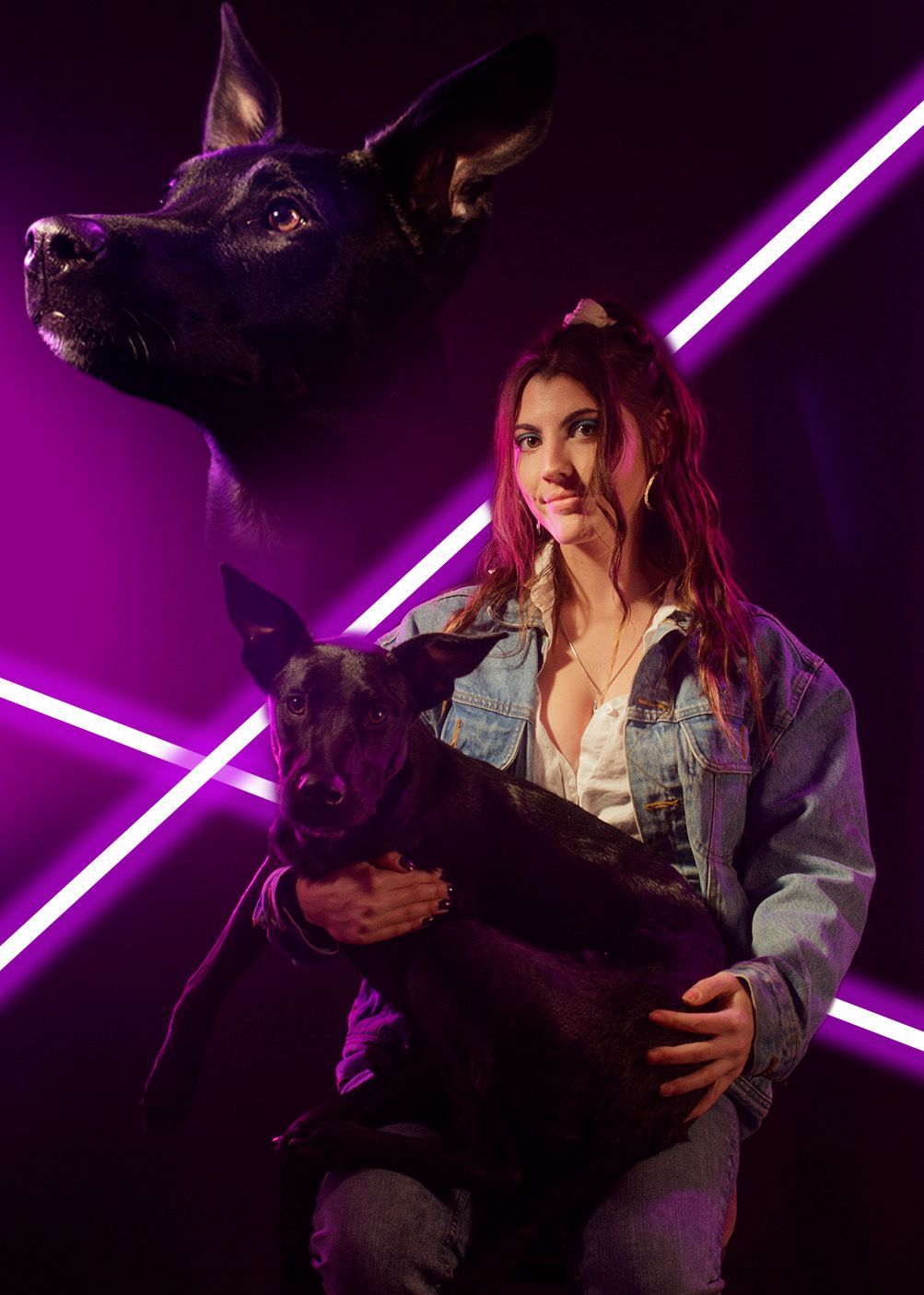 girl and dog with purple laser lights in background