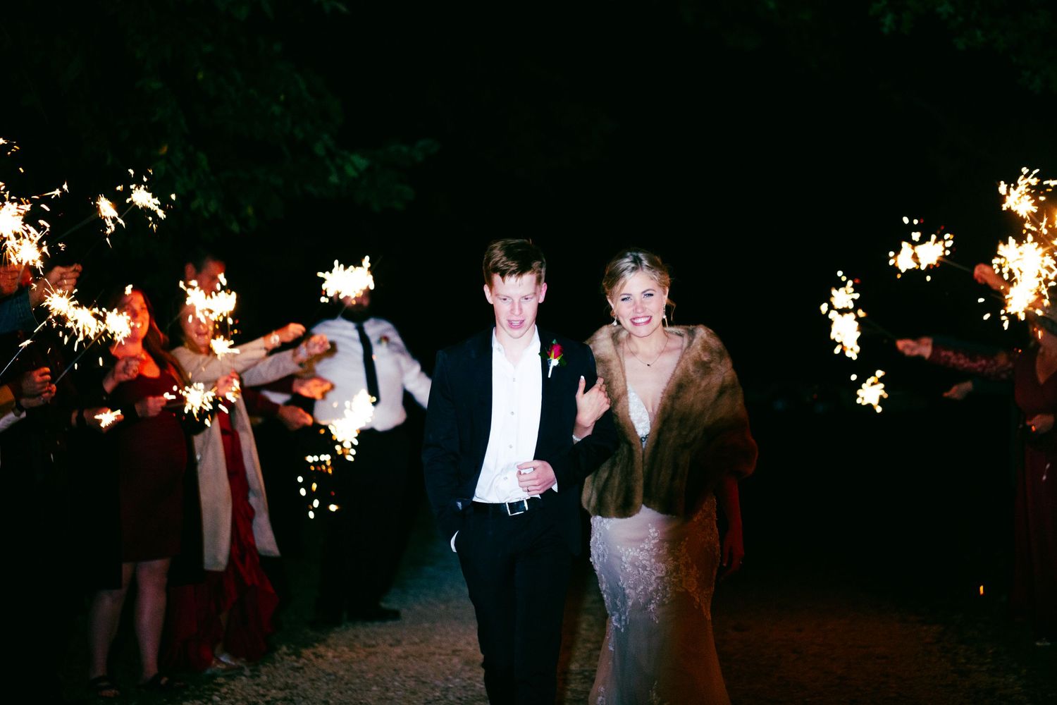 direct flash wedding sparkler exit photos