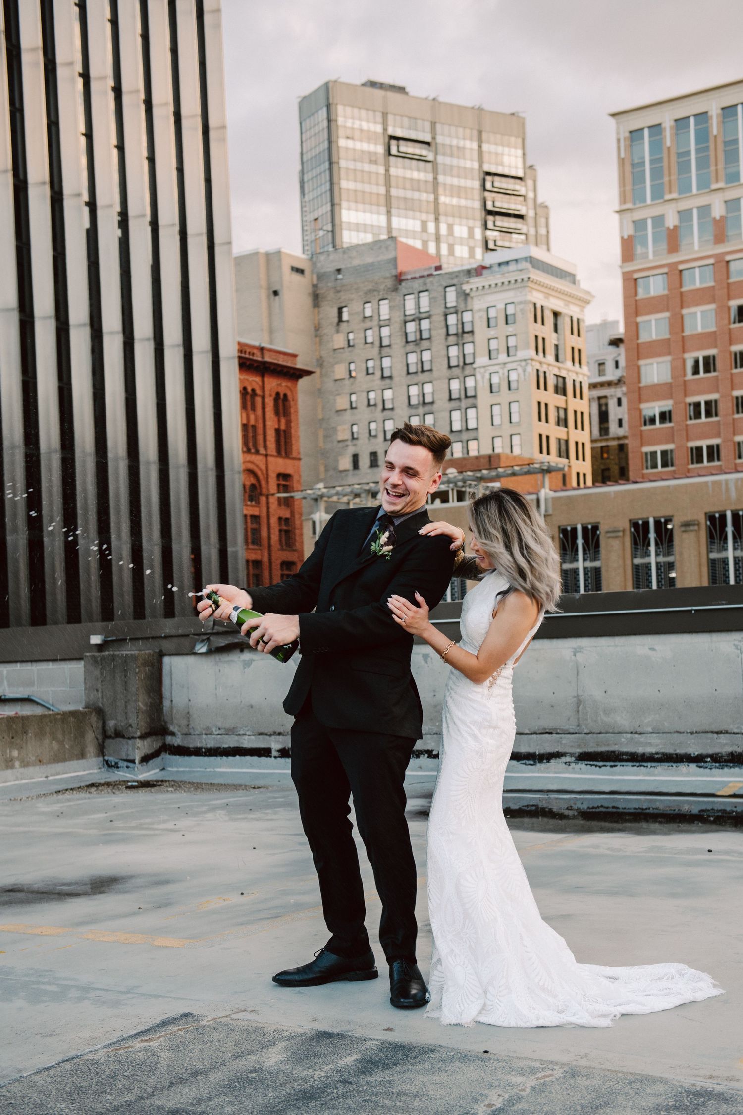 bride and groom portrait on st. paul rooftop