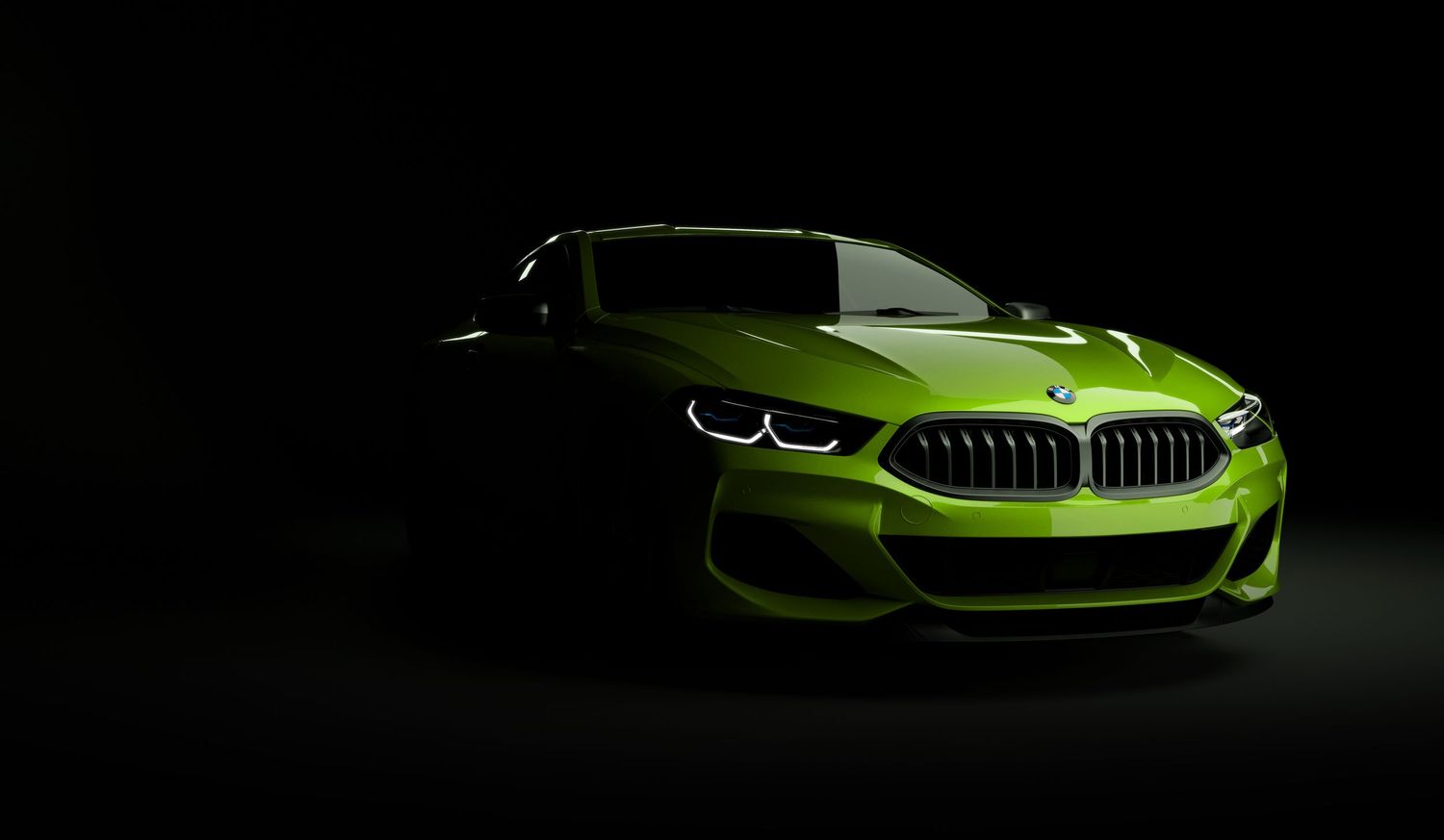 A bright green BMW M8 sports car shown from multiple angles in dramatic dark lighting against a black background.