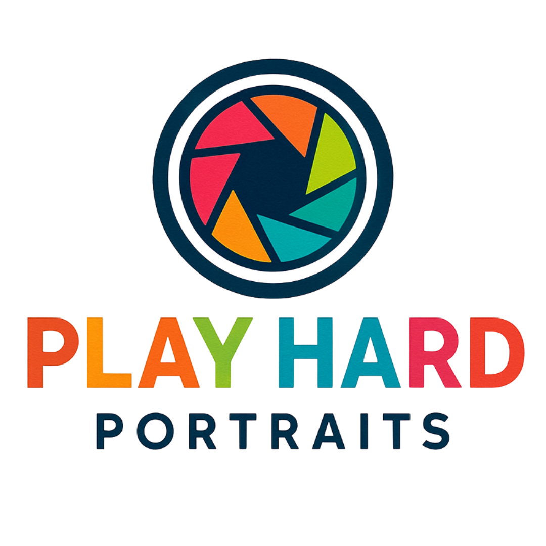 Colorful geometric logo variations for Play Hard Portraits brand featuring circular designs and bold typography. Victoria sports photogtaph