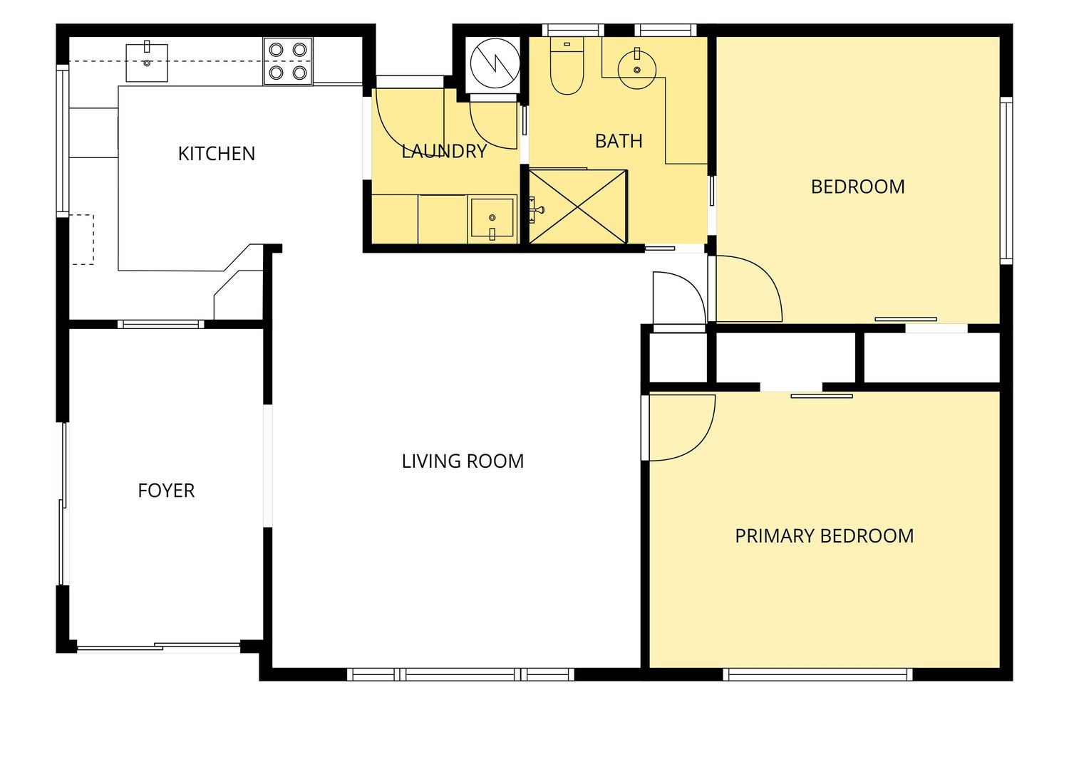 Floor plan of a 2-bedroom apartment featuring a kitchen, laundry, bath, living room, foyer, and primary bedroom.