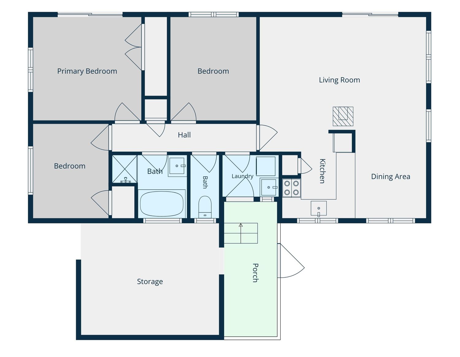 Floor plan showing 3 bedrooms, living room, dining area, kitchen, bath, laundry, hall, patio, and storage layout.