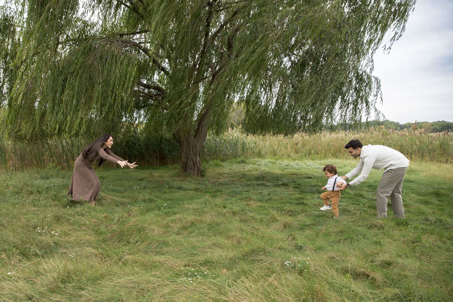 Two people standing in a grassy field with a weeping willow tree, photographing something on the ground.