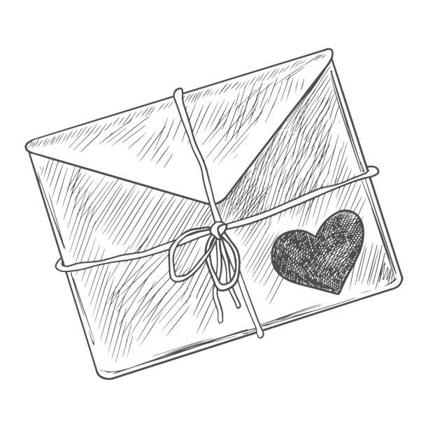 Pencil sketch of a tied envelope with heart decoration in vintage style.