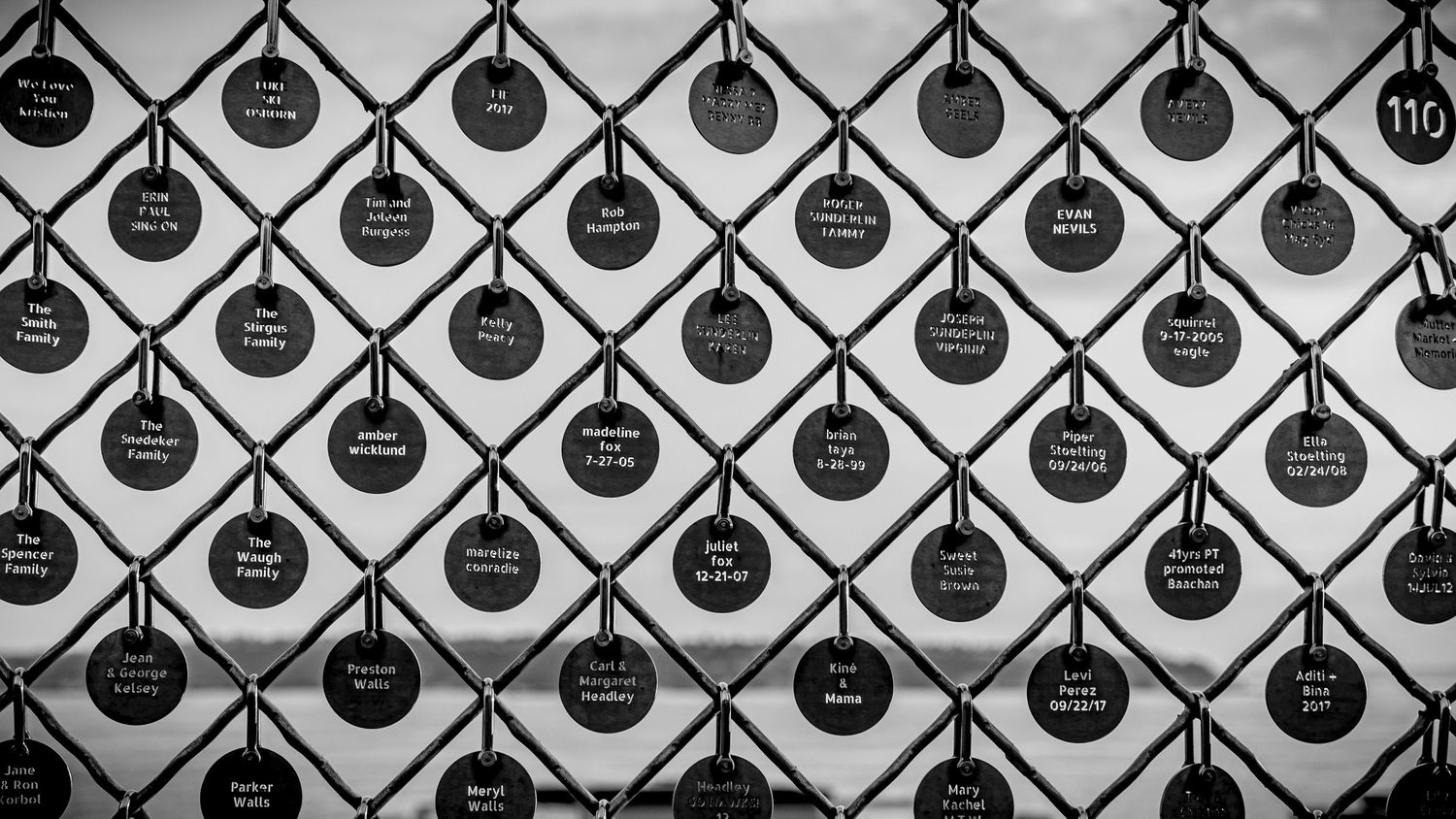 Black and white pattern of padlocks arranged in diamond grid formation on metal fence.