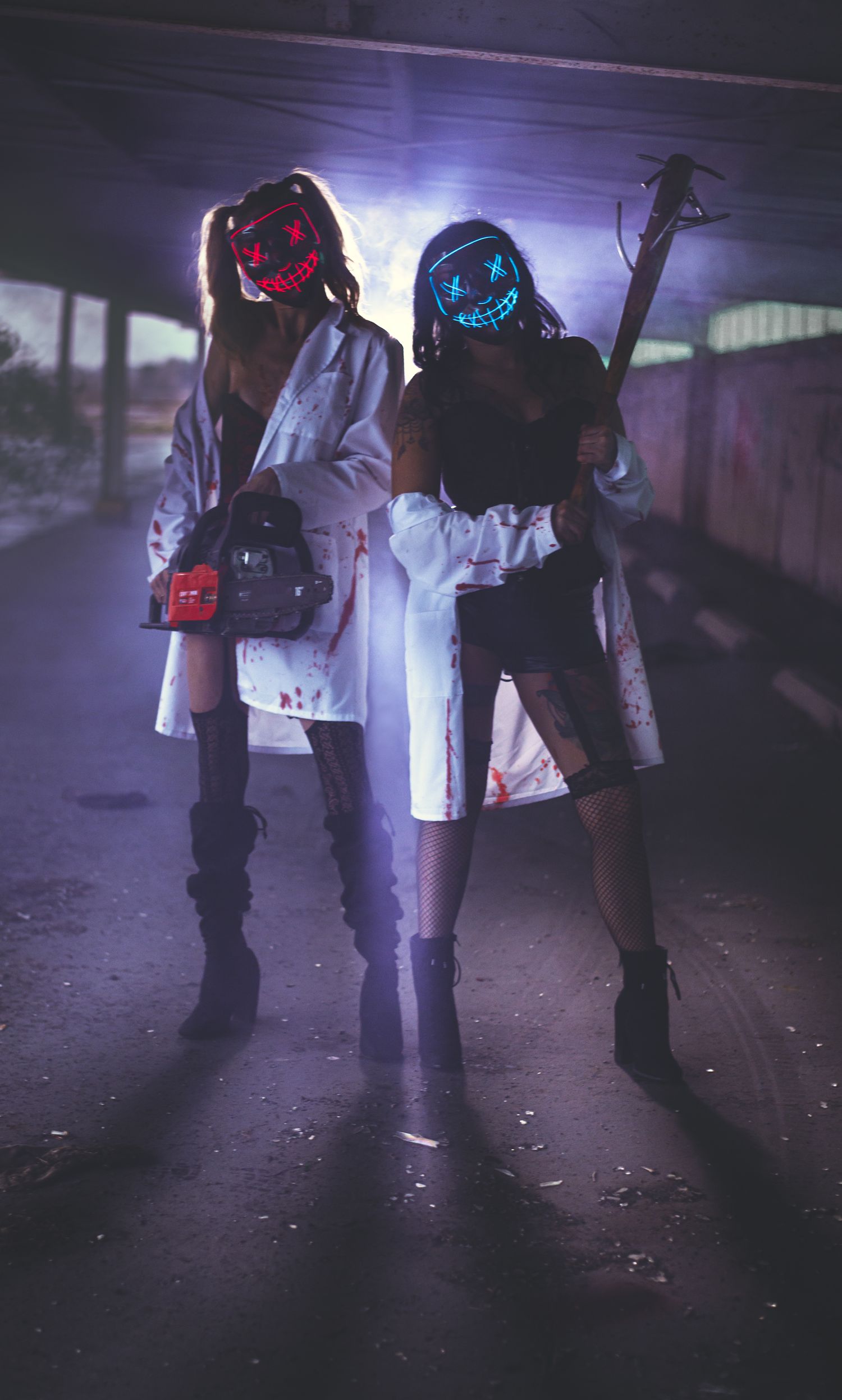the purge photoshoot night time with smoke and colored lights