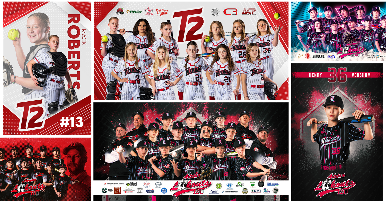Sports team composite featuring multiple team photos and individual player portraits in red and white theme.