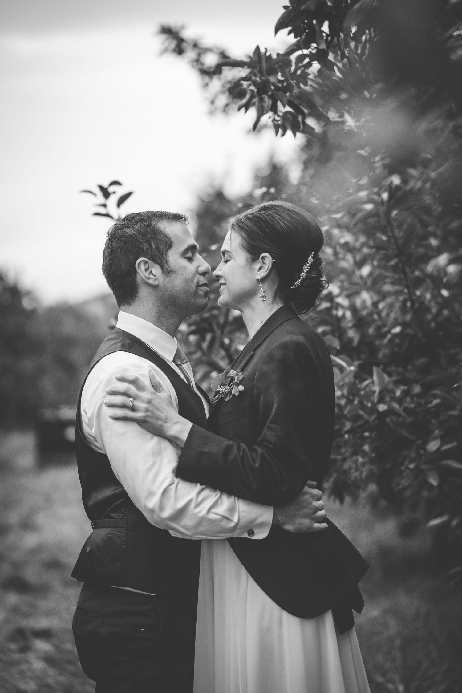 grayscale photo of wedding couple in orchard bride wearing husband jacket