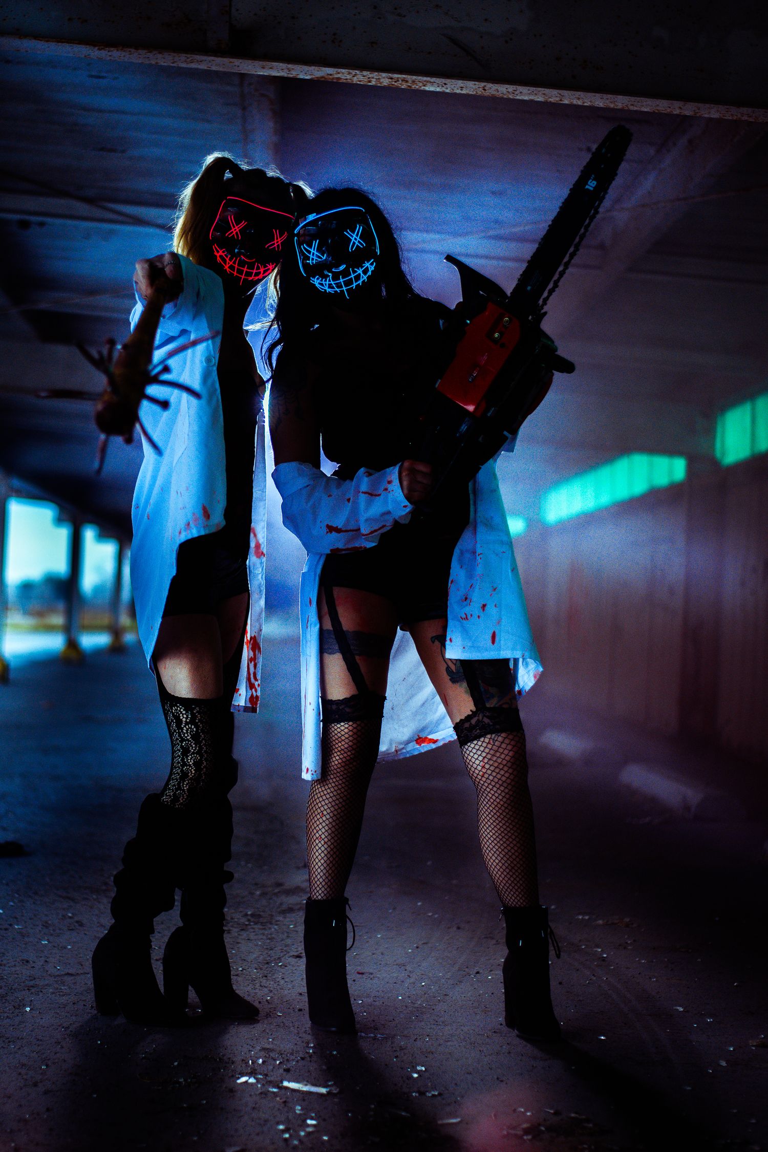 the purge photoshoot night time with smoke and colored lights
