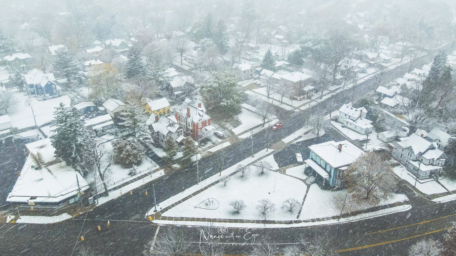 drone photo of winter in downtown adrian, michigan