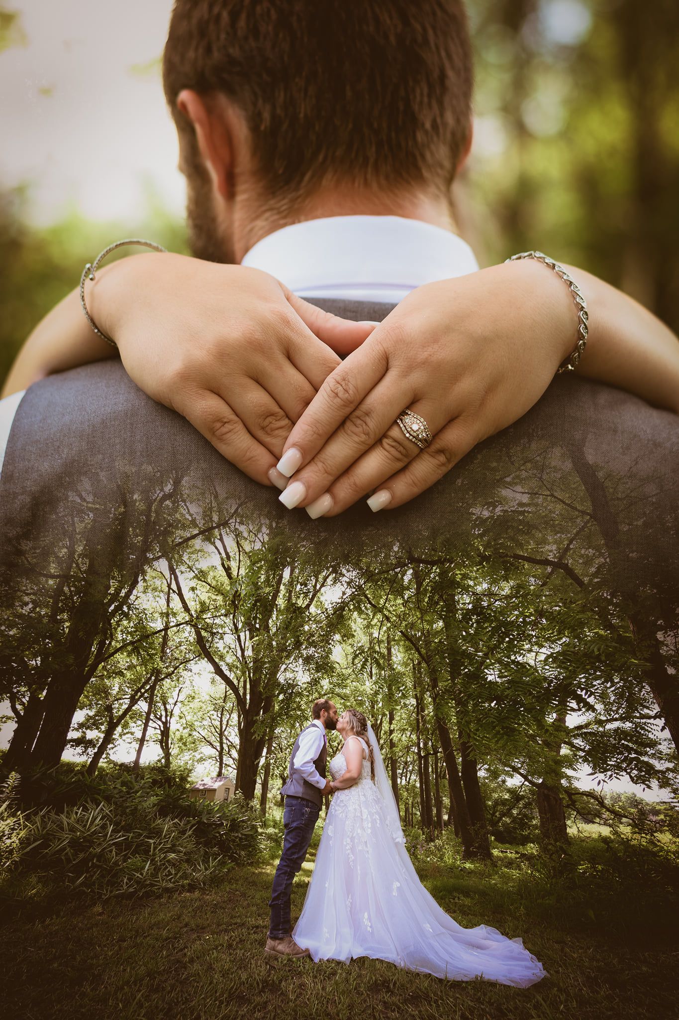 double exposure wedding hands on back couple kissing below in woods