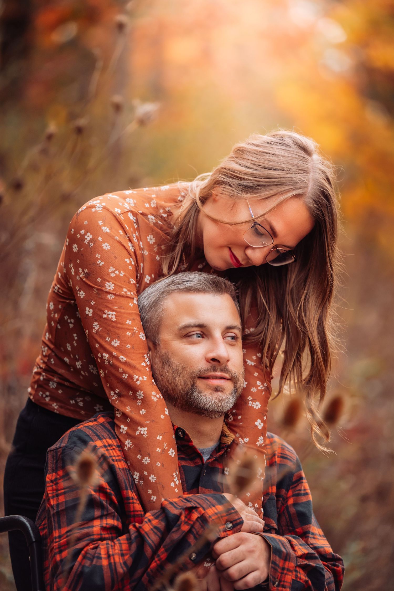 engagement photoshoot with wheelchair warm, dreamy, fall photography