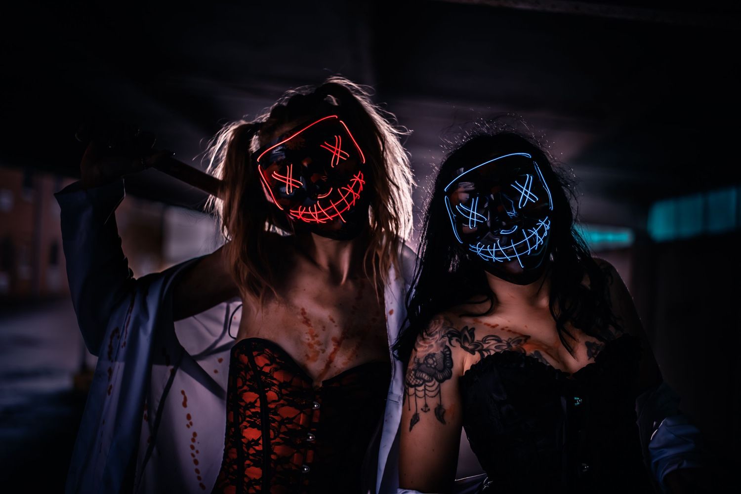 the purge photoshoot night time with smoke and colored lights