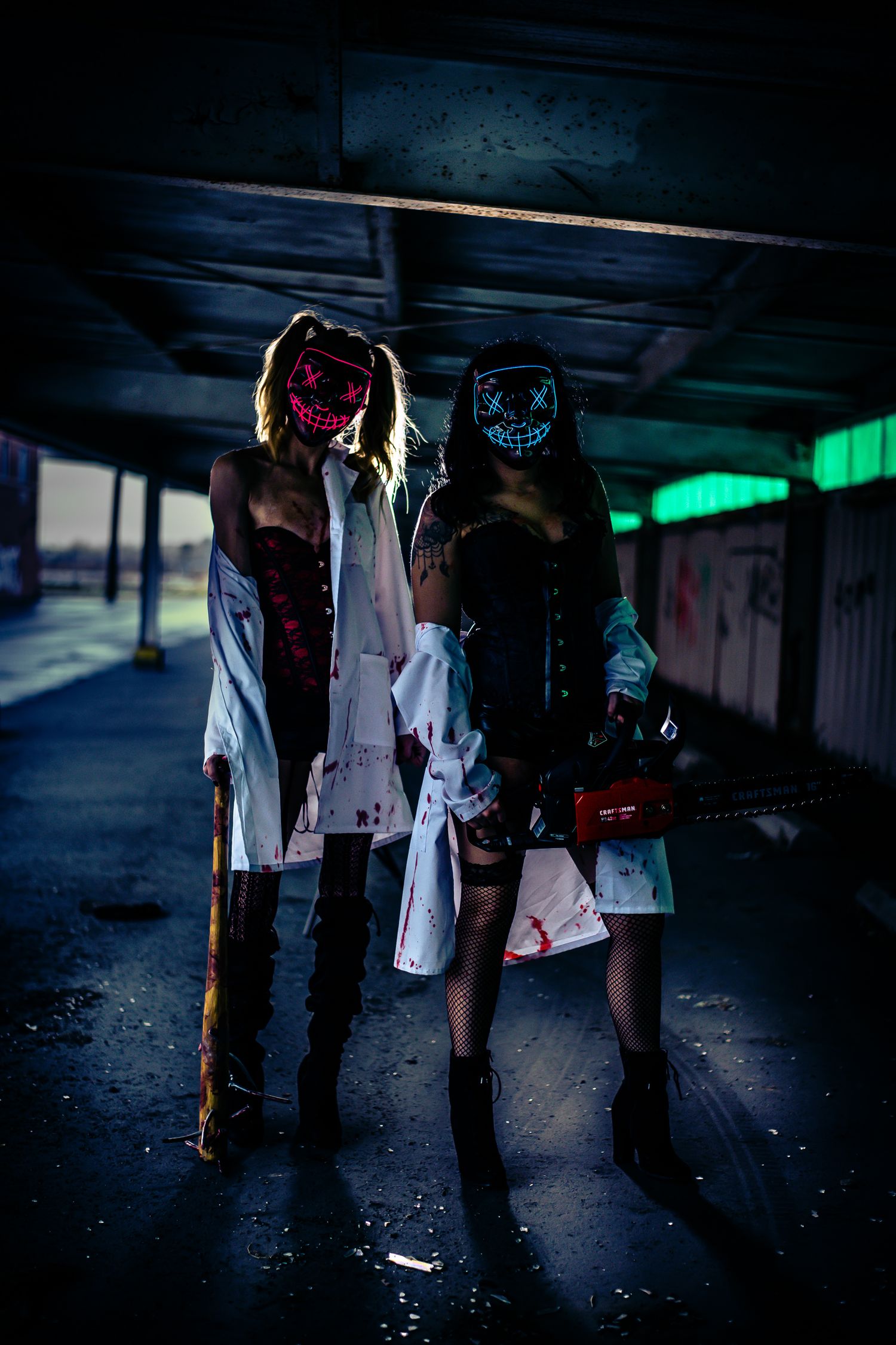 the purge photoshoot night time with smoke and colored lights
