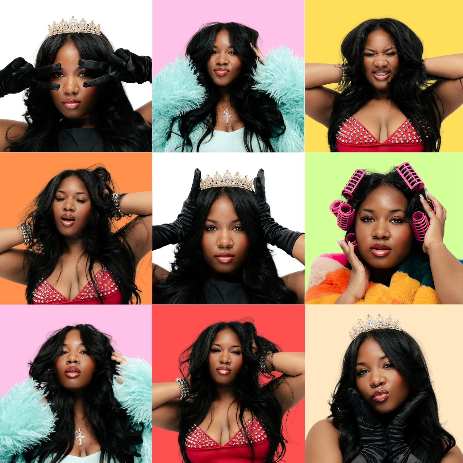 Portrait against vibrant backgrounds showing glamorous hairstyles and makeup with expressive poses.