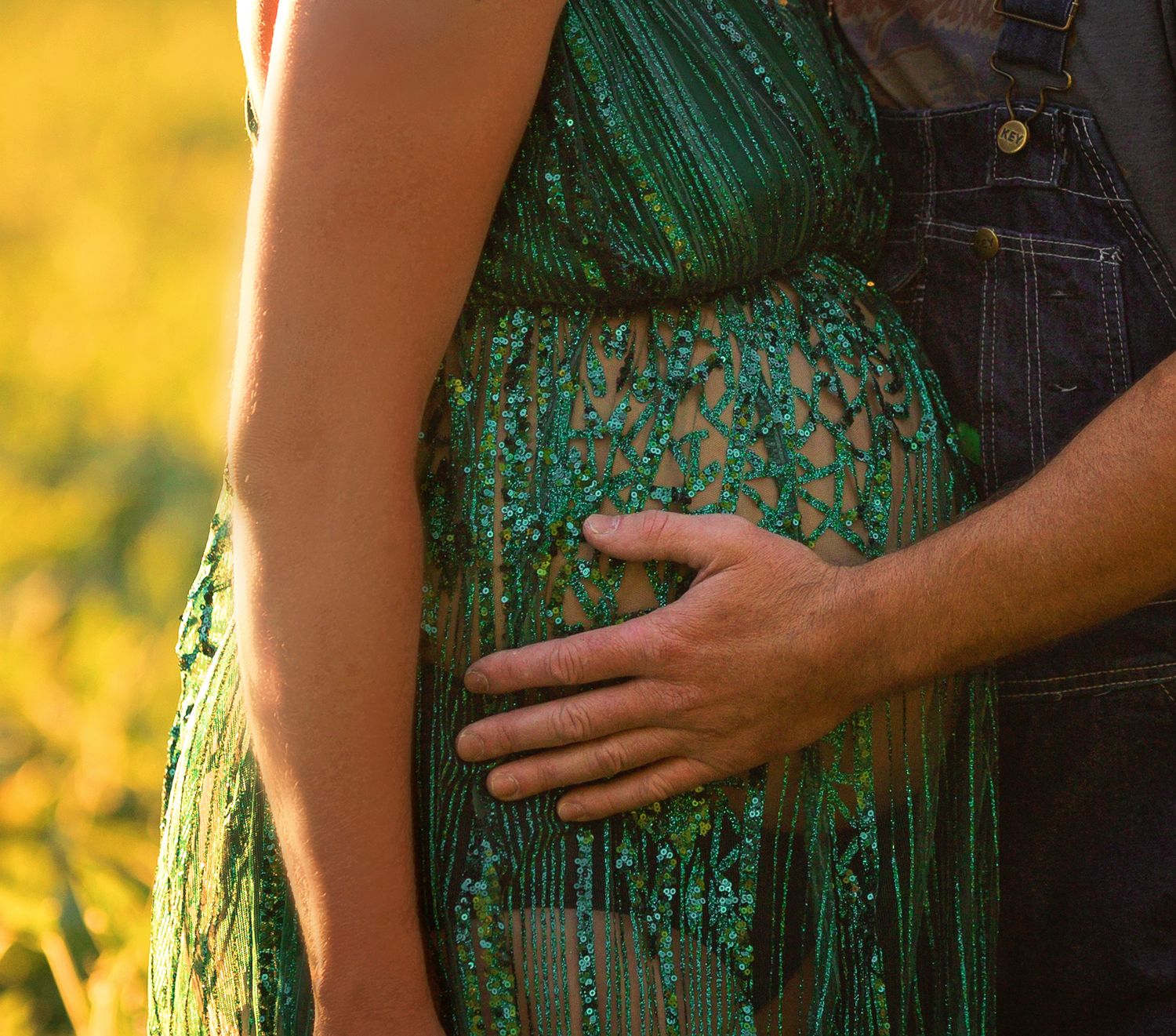 A sparkly green maternity dress details against a golden sunset background.