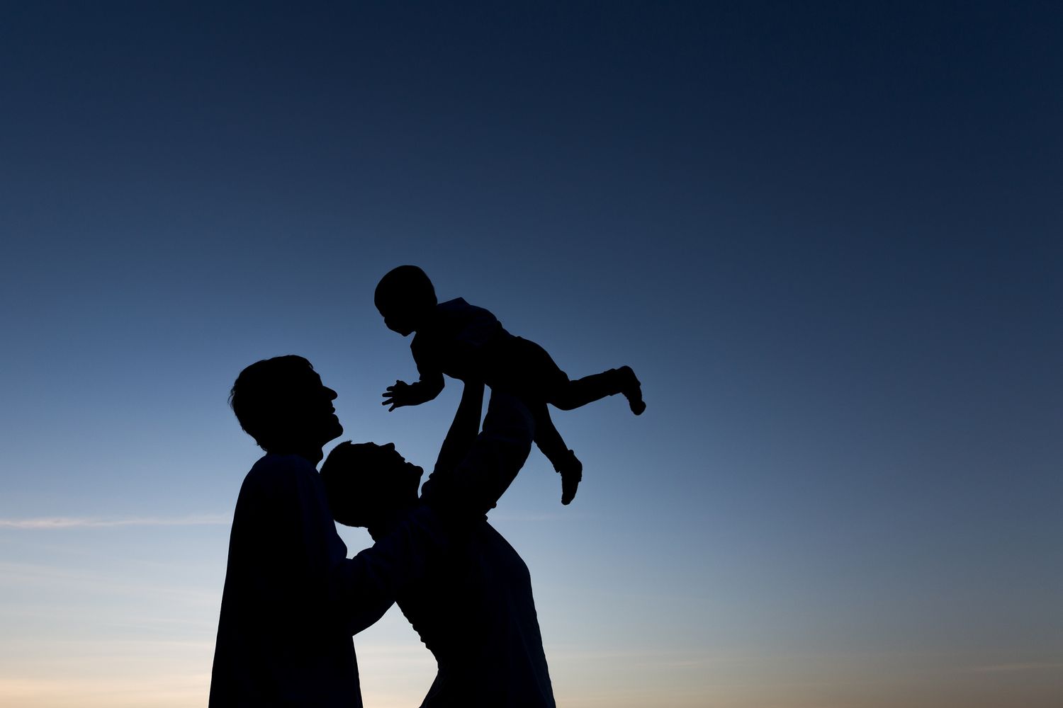 Silhouetted figures dancing against blue twilight sky create romantic sunset view.