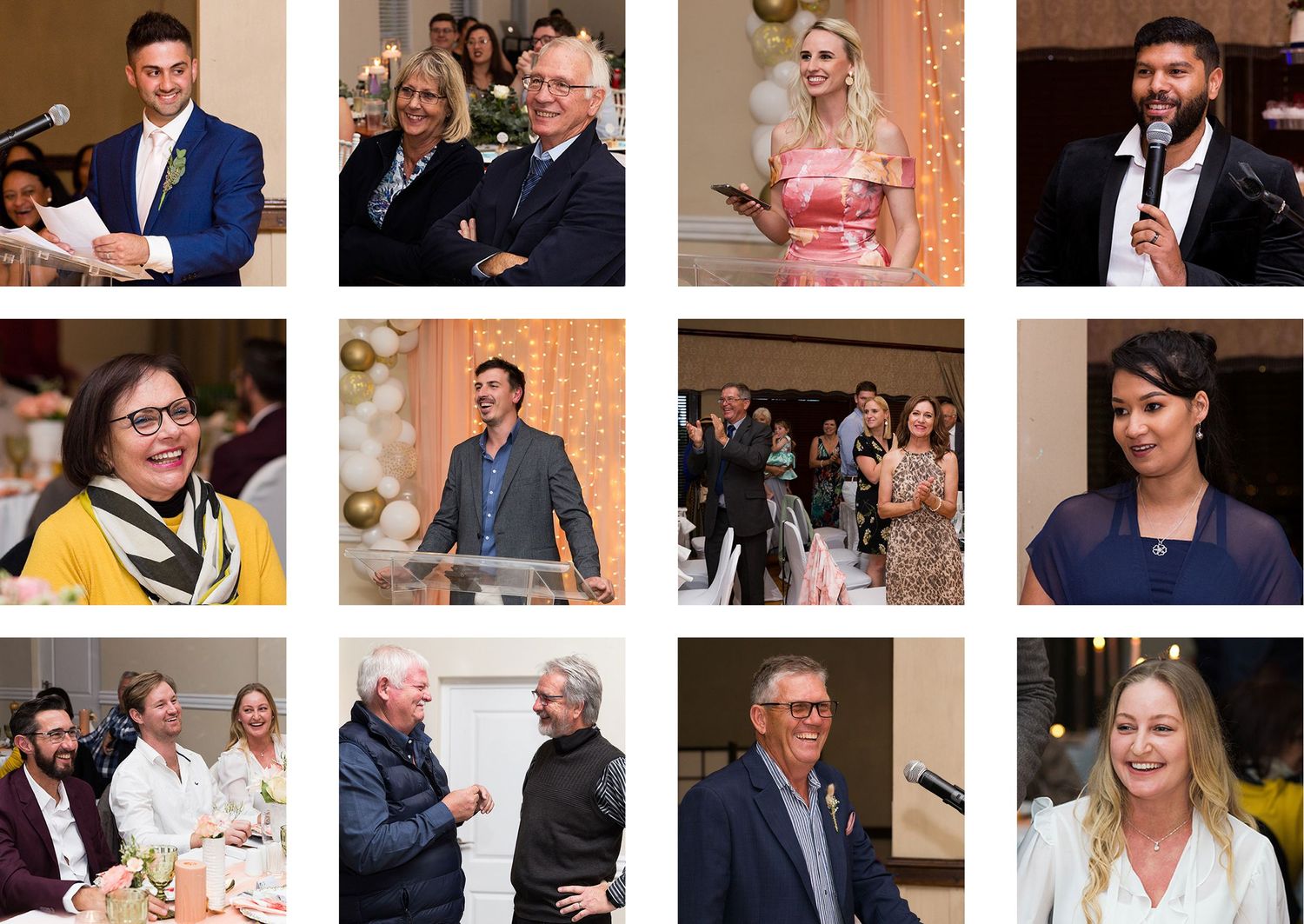 Collection of professional event photography candid shots showing people interacting at various gatherings.