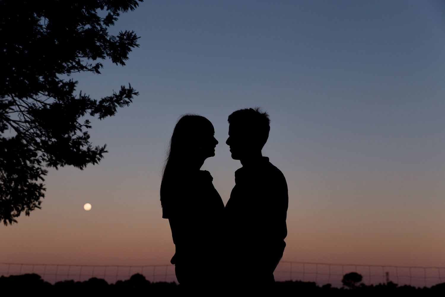 Silhouette of two people sitting close together against a dusky pink and orange sunset sky with trees in background.