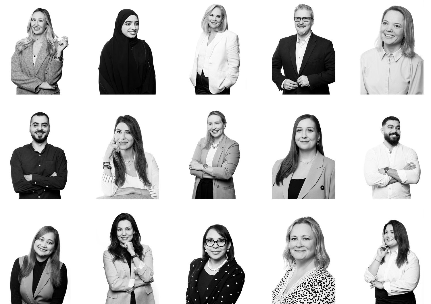 Professional headshot portraits of business team members on white background.