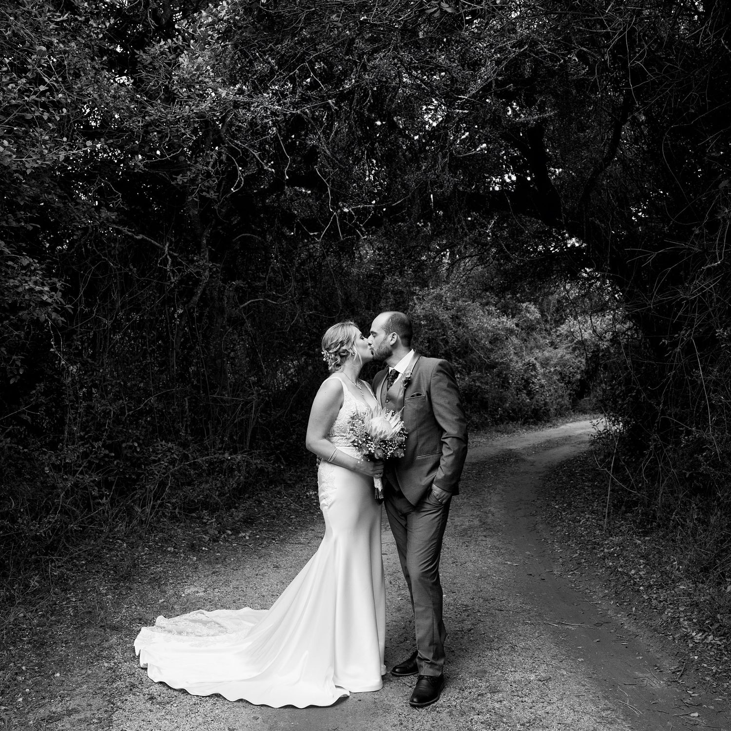 A romantic series of black and white wedding photos showing tender moments between a couple on a wooded path outdoors.