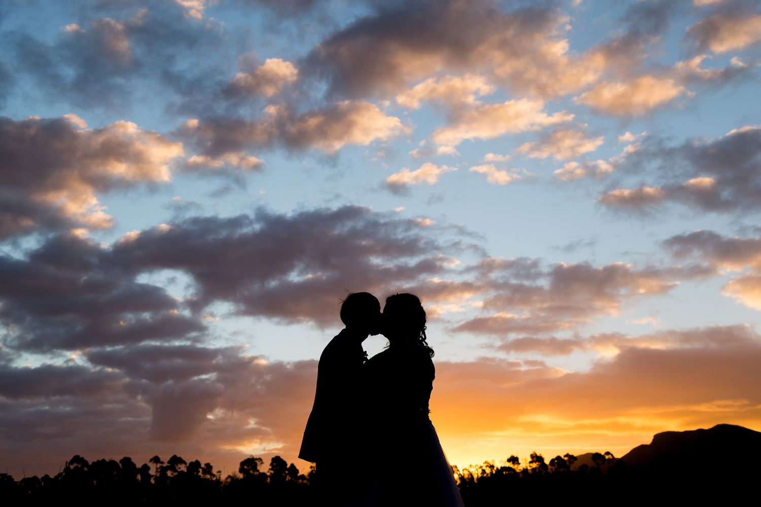 Seven dramatic sunset photos showing silhouettes against vibrant orange and pink cloudy skies.