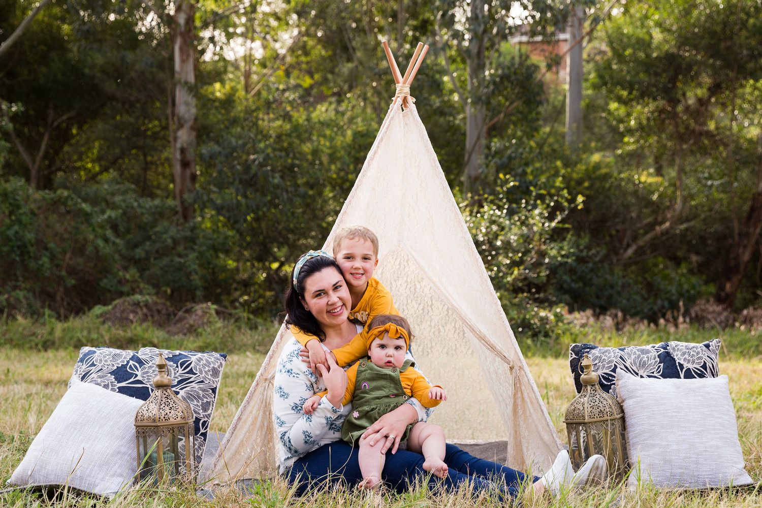 A series of teepee tent photos showing outdoor family photo sessions with children and parents in rustic settings.