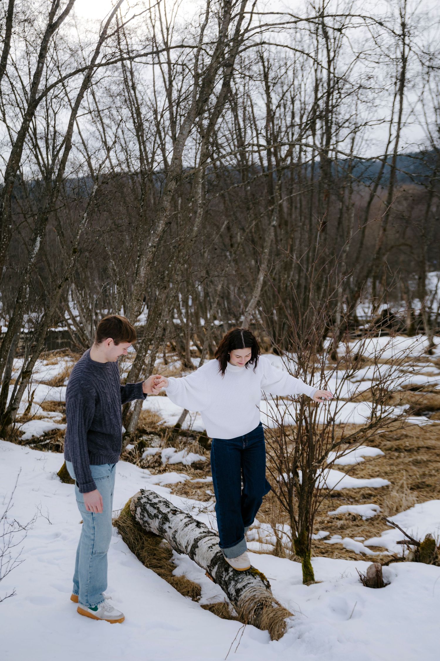 Winter photoshoot sequence showing interaction among bare trees and snow.
