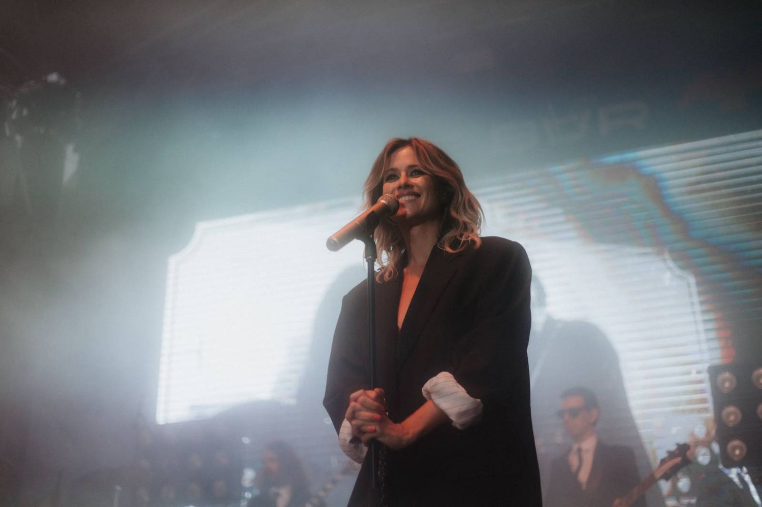 A singer performs on stage with dramatic lighting and fog effects during a concert performance.