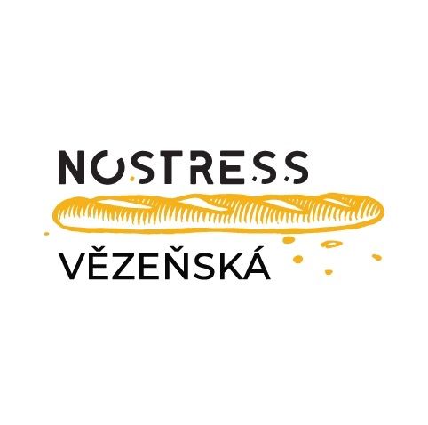 Nostress and Vezenska text logos with decorative bread illustration.