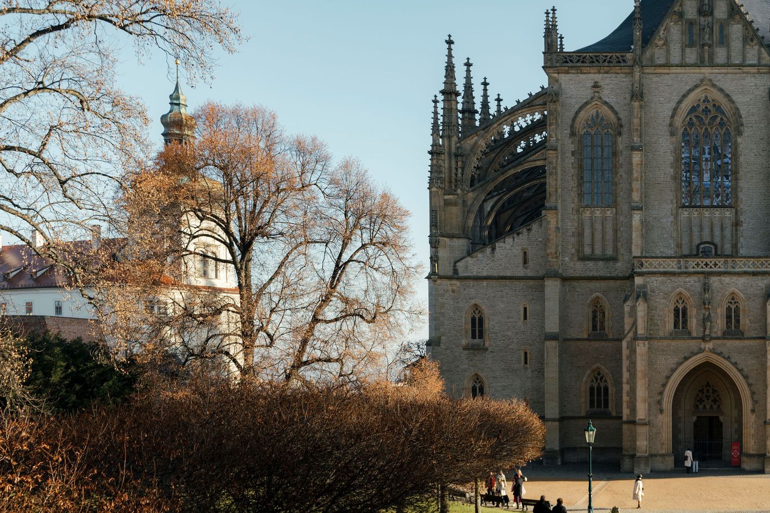Gothic cathedral exterior with ornate stone architecture and autumn trees against a blue sky.