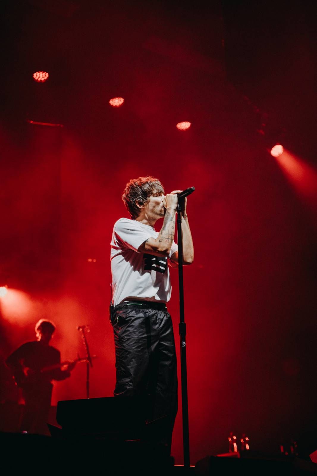 A performer sings on stage bathed in dramatic red lighting during a concert performance.