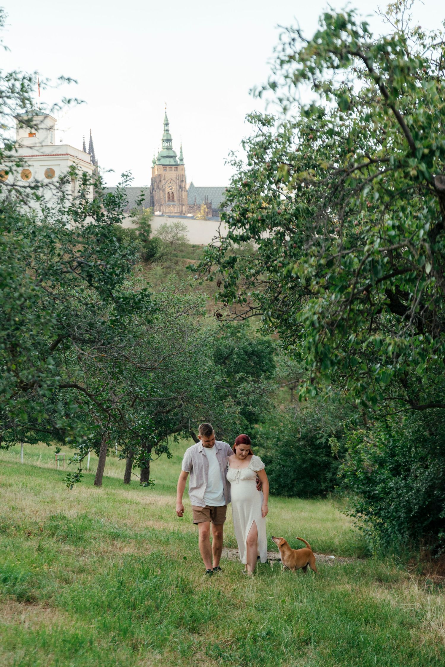 Couple walking dog on green hillside with Prague Castle visible through lush trees in background.