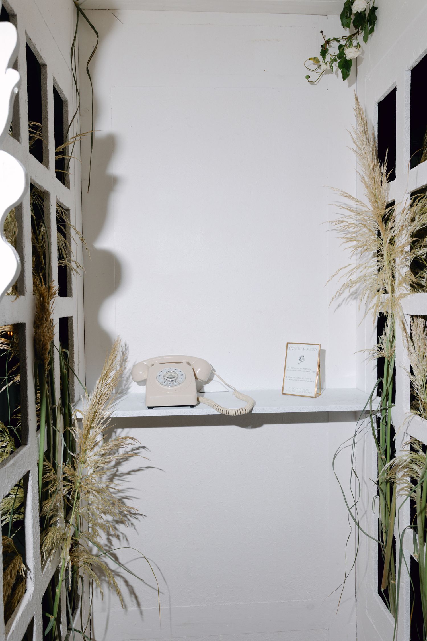 Téléphone rotatif blanc vintage et cadre doré sur étagère flanqué d'herbe de pampa dans une alcôve de porte française blanche.
