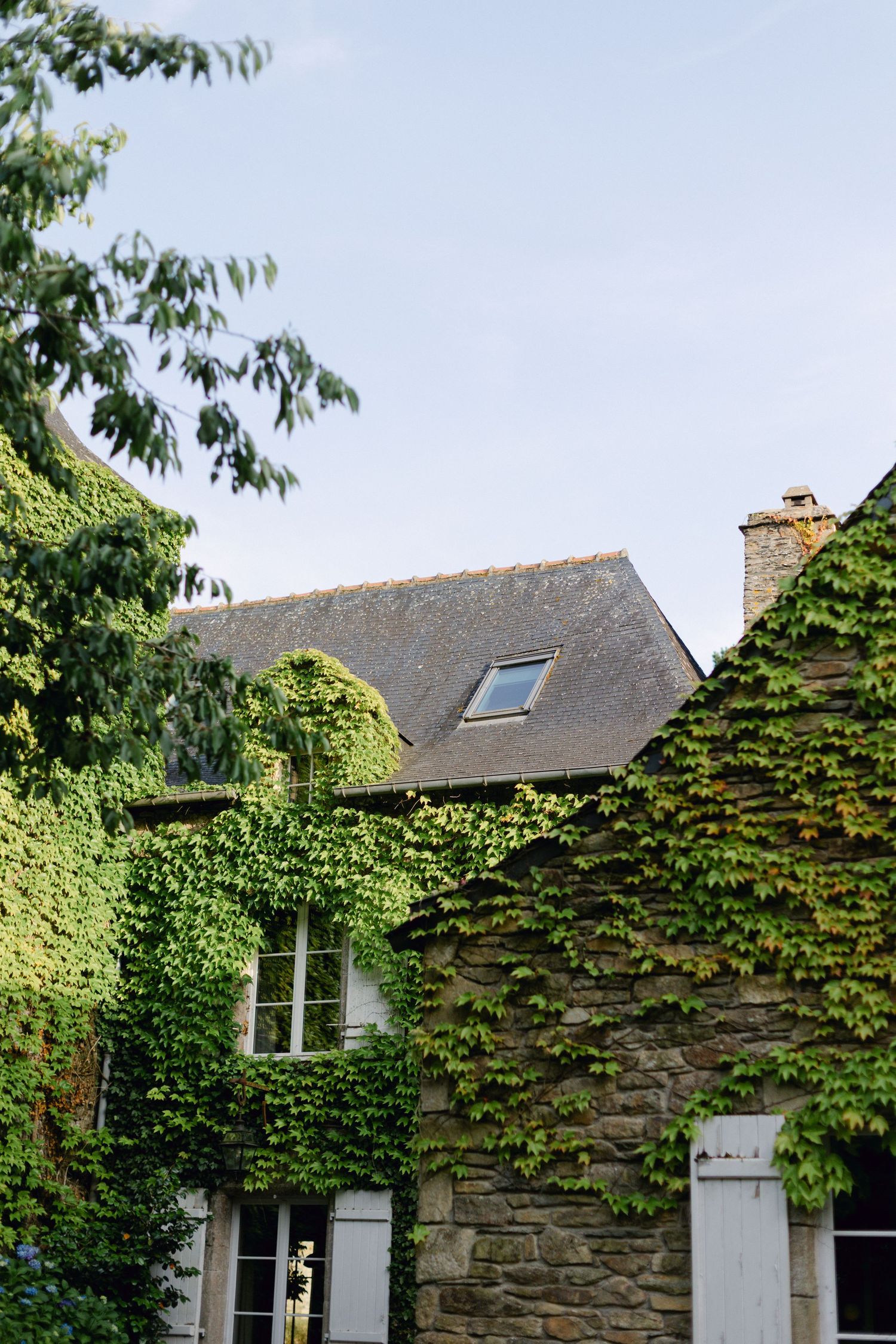 Charmant lieu de mariage en pierre dans la campagne française couvert d'un lierre vert luxuriant avec une fenêtre à lucarne sous le ciel