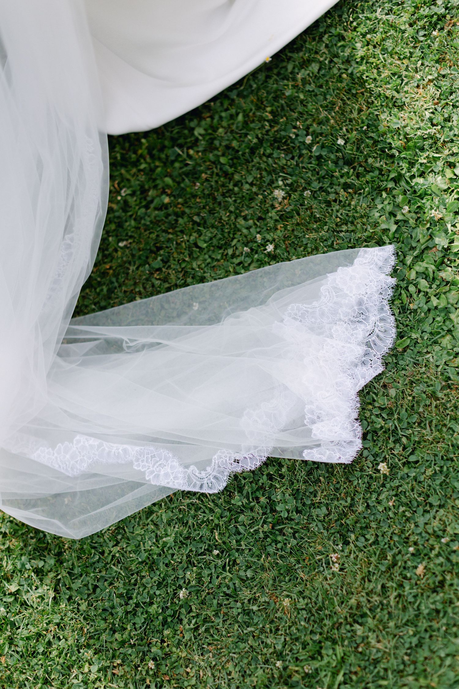 Gros plan d'un voile de mariage blanc avec une délicate bordure en dentelle traînant sur de l'herbe verte à l'extérieur.