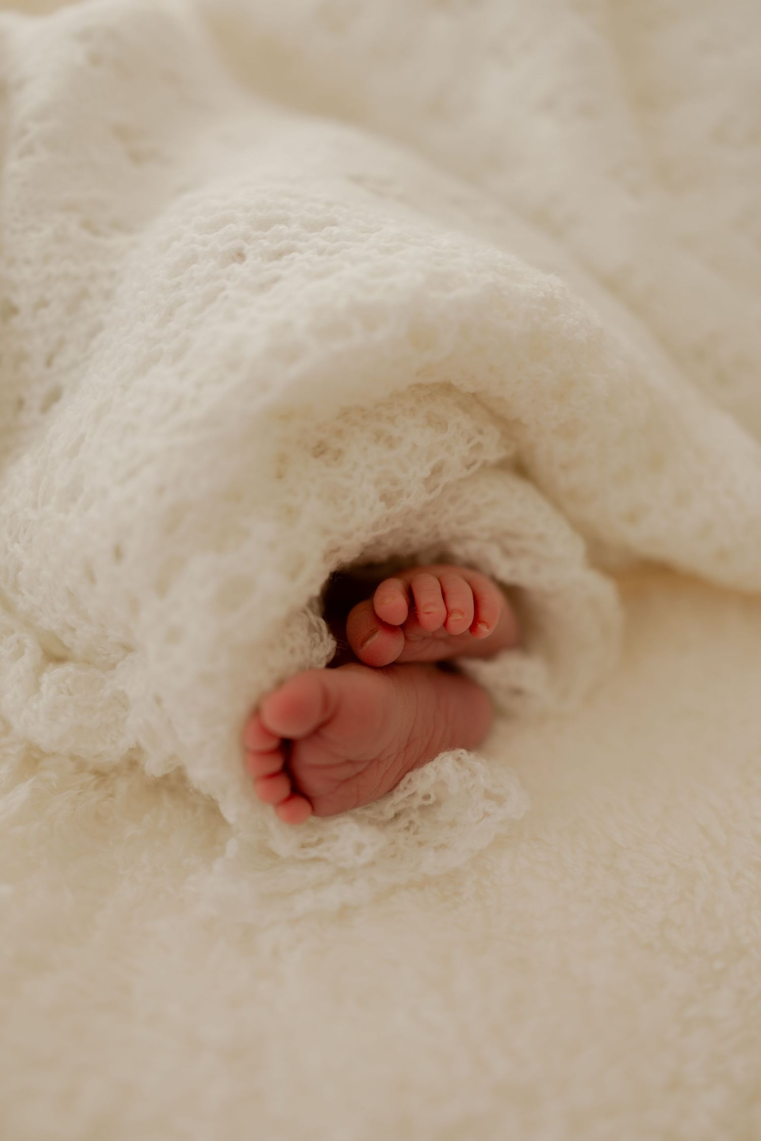 Tiny baby toes peek out from soft white blanket folds in a progression of five similar photos.