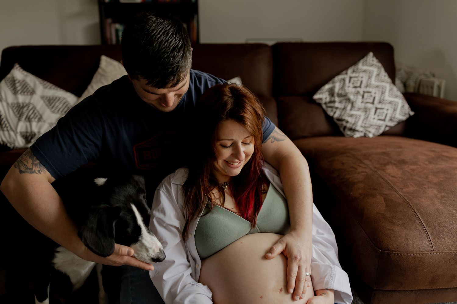 A series of intimate maternity photos showing a pregnant woman's belly in different poses on a brown leather couch.