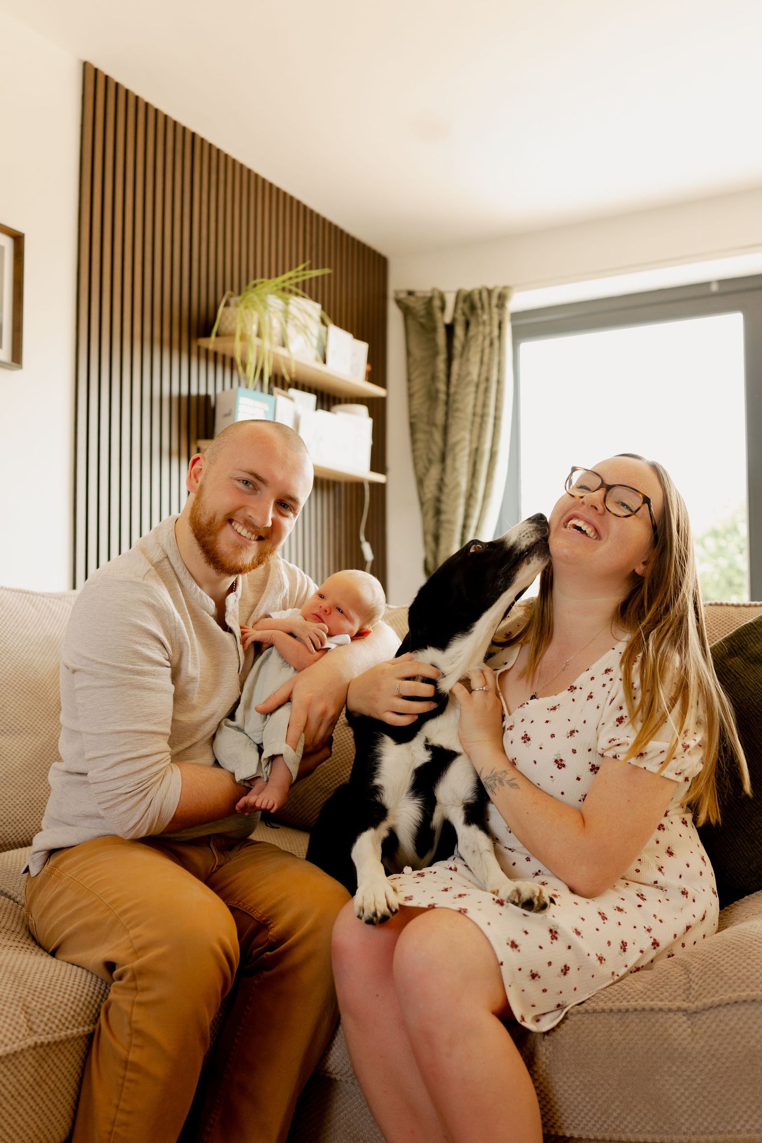 Happy couple sitting on sofa with newborn baby and black and white Border Collie dog in modern living room.