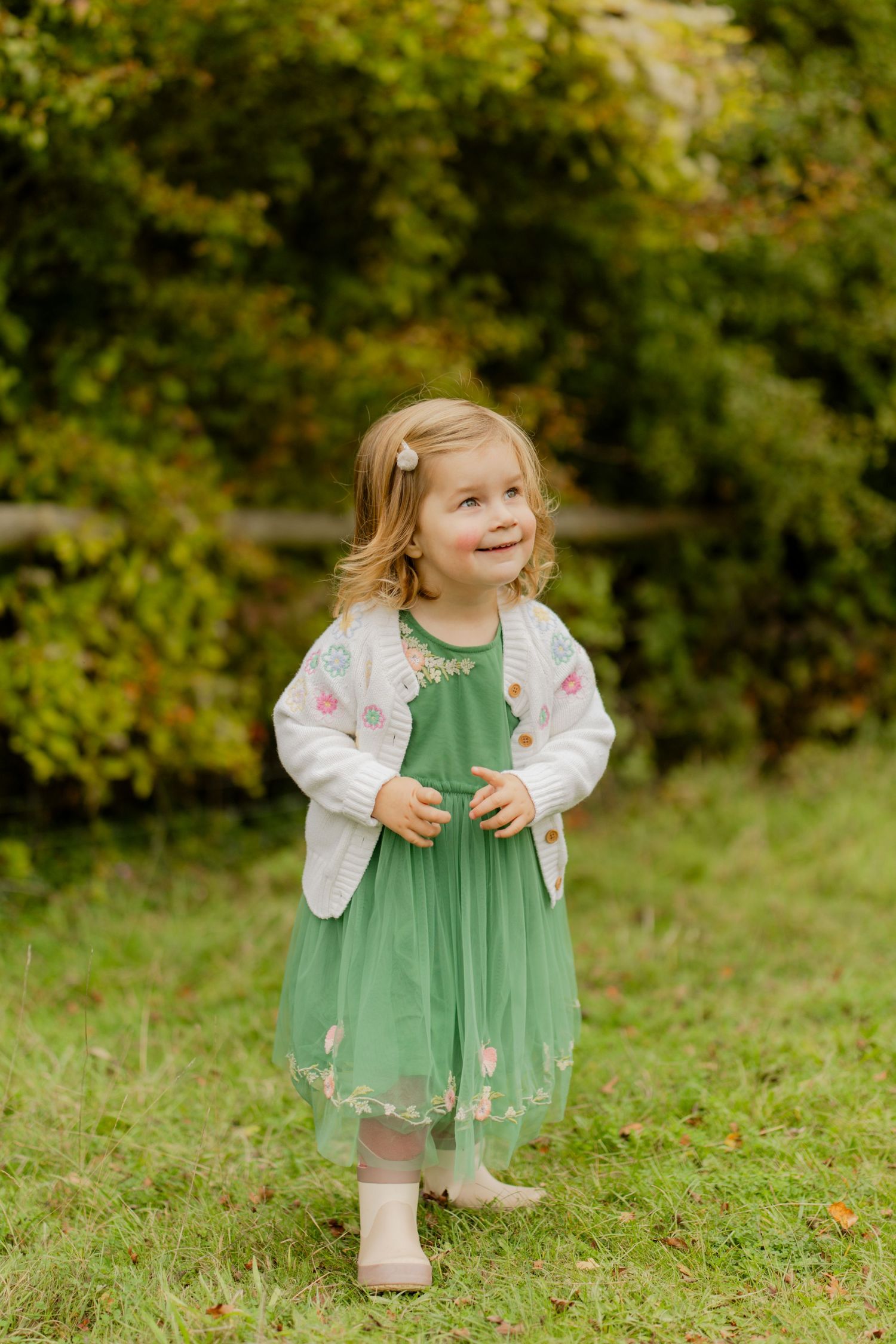 Smiling toddler girl in green tulle dress and floral cardigan standing on grass with green bushes behind her.