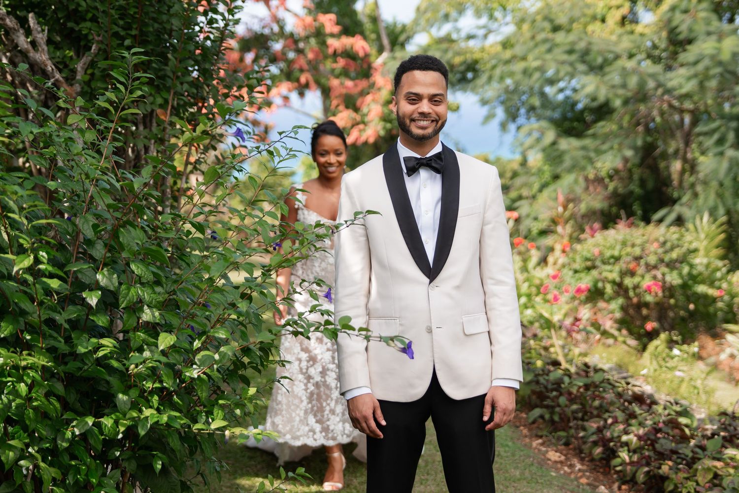 A collection of wedding photos showing a couple in elegant formal attire posing in a lush garden setting.