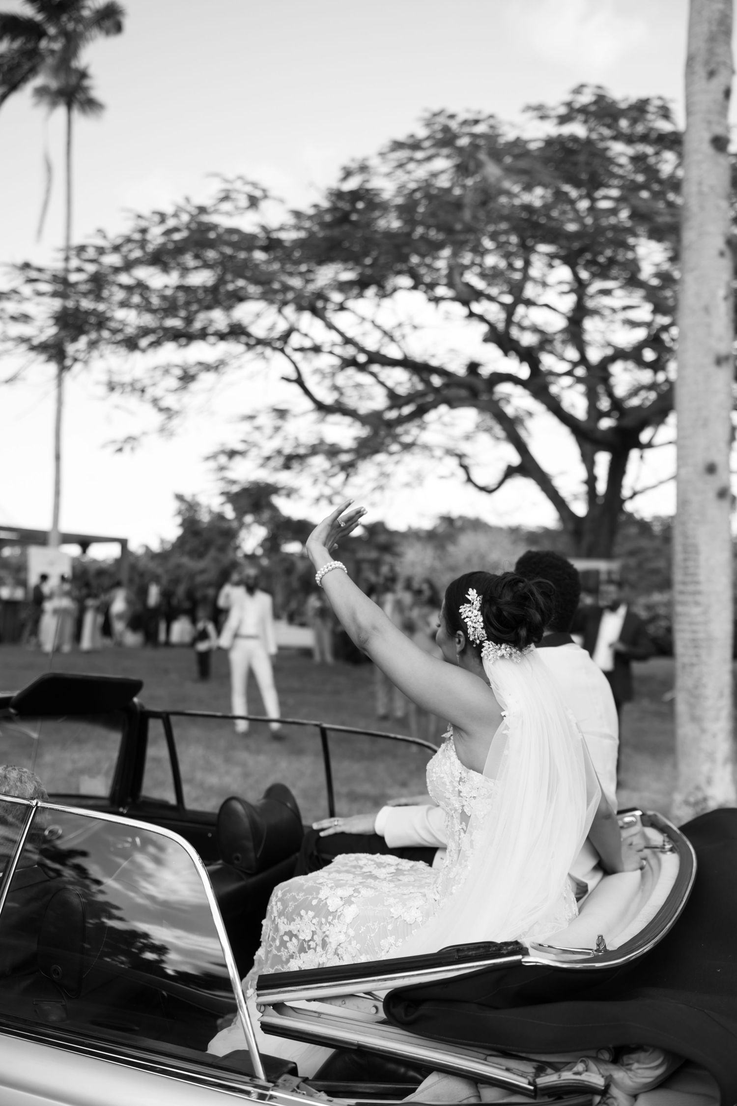 A bride waves from the back of a vintage convertible car in a black and white photo with palm trees in background.