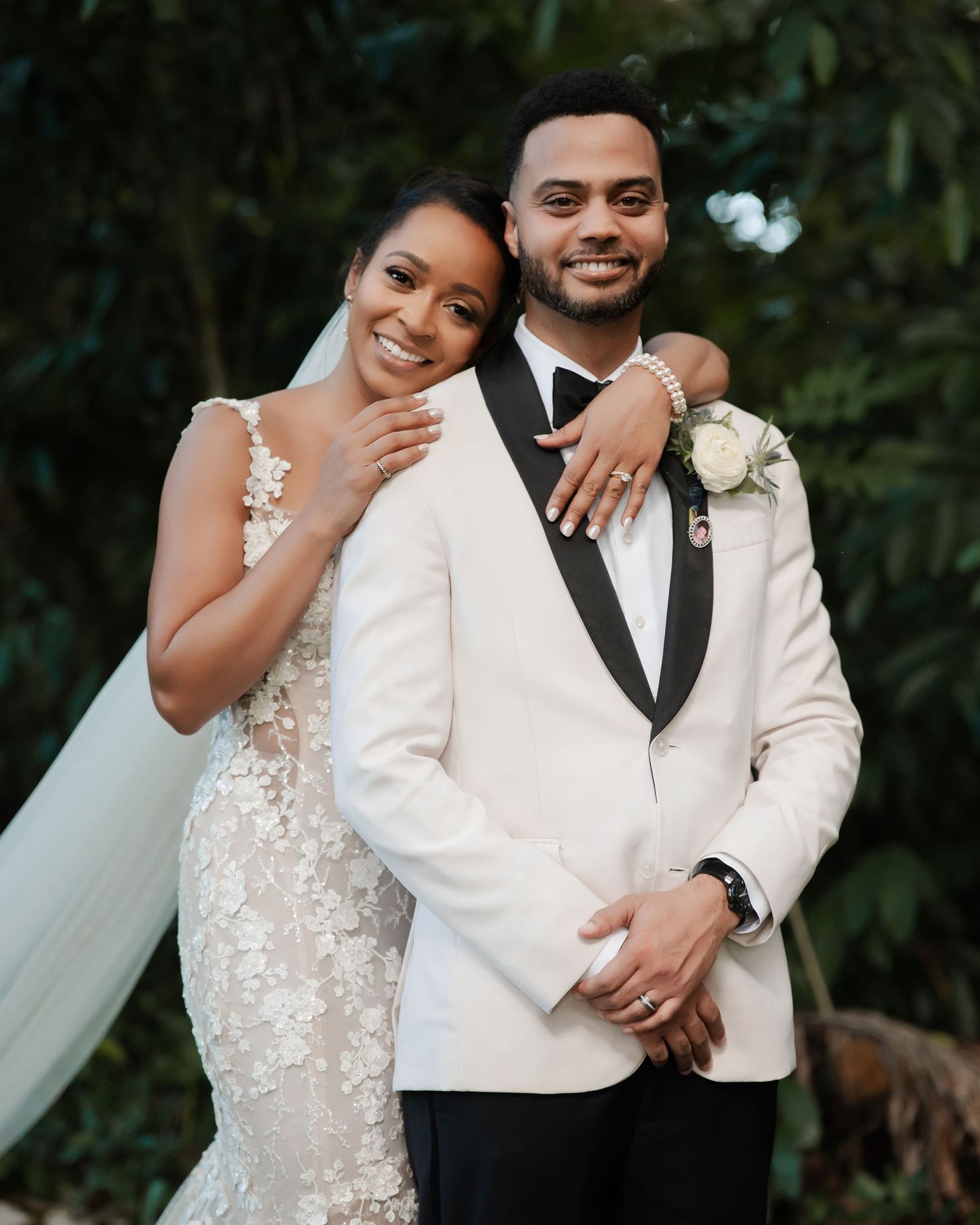 Wedding couple shares intimate moments during outdoor photo session in multiple candid poses.