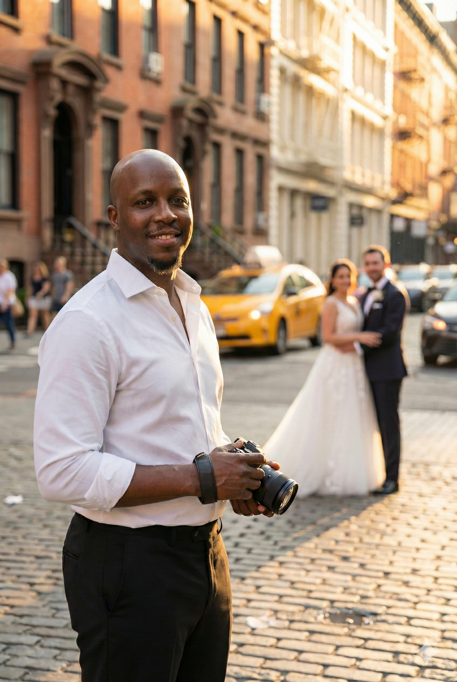 Professional photographer holding camera on cobblestone street with wedding couple and yellow taxi in background.