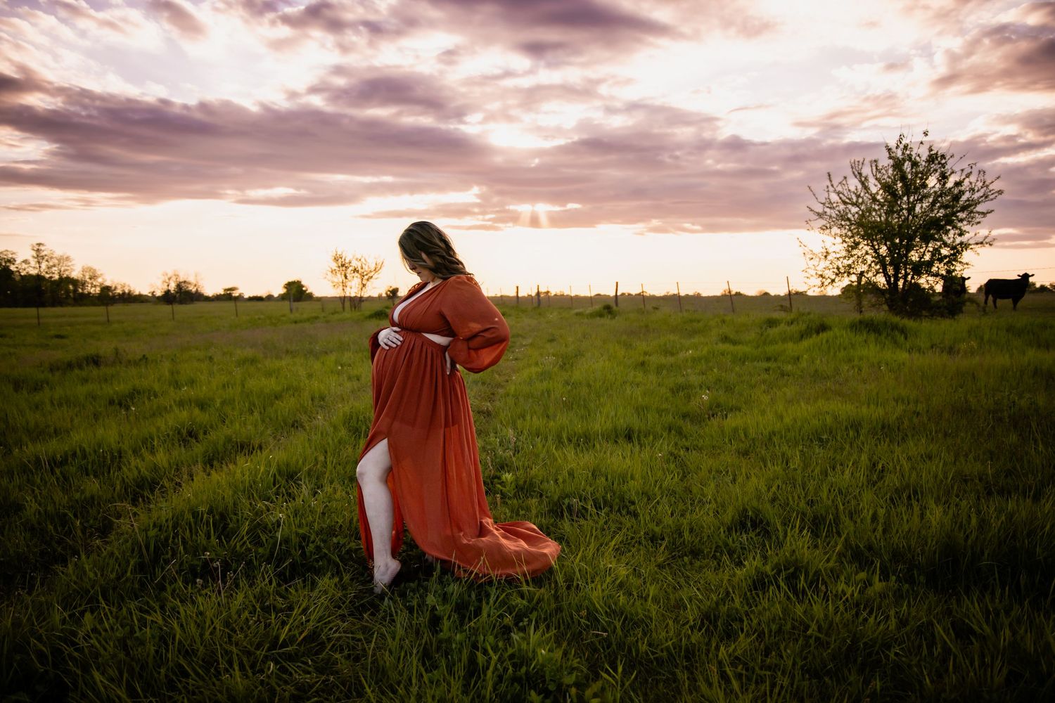 Pregnant woman in flowing rust dress stands in green field at sunset under dramatic purple cloudy sky.