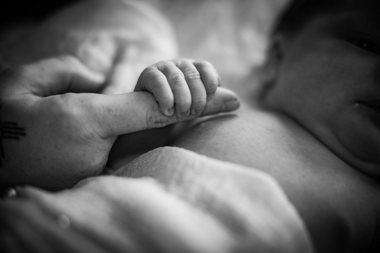 Black and white photo of a newborn baby grasping an adult finger, symbolizing new life and parental bond.