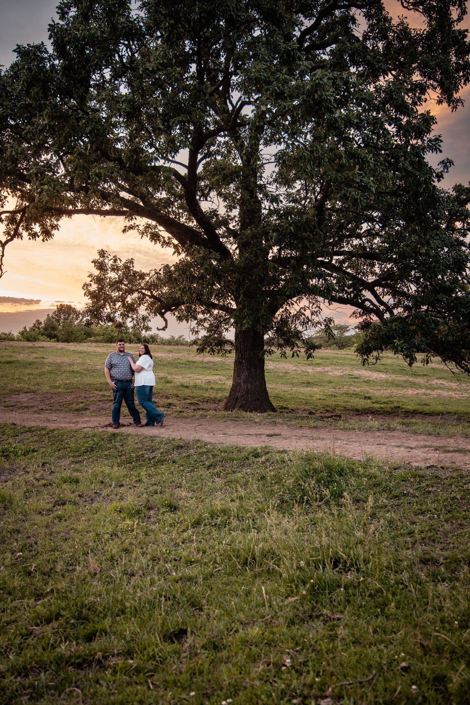 Couple standing together under a large oak tree in a field at sunset.